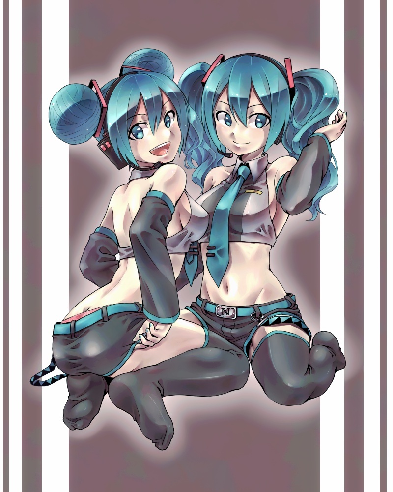 2girls, alternate_hairstyle, aqua_eyes, aqua_hair, ass, belt, butt_crack, clone