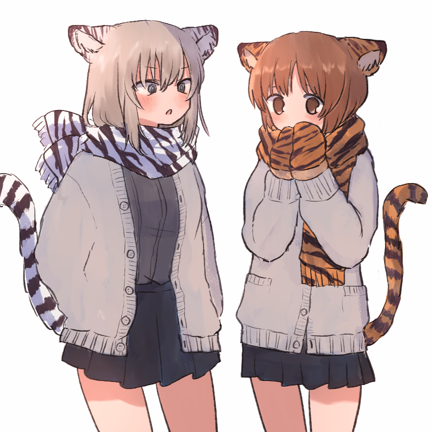 2girls, animal_ears, animal_print, black_skirt, blue_eyes, brown_eyes, brown_hair, cardigan