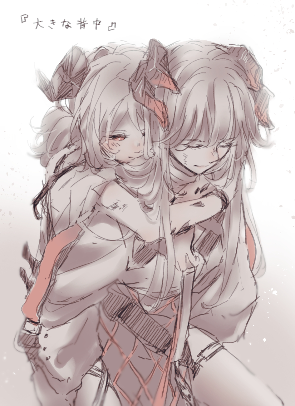 2girls, arknights, dragon_horns, flamethrower, grey_hair, highres, horns, hug
