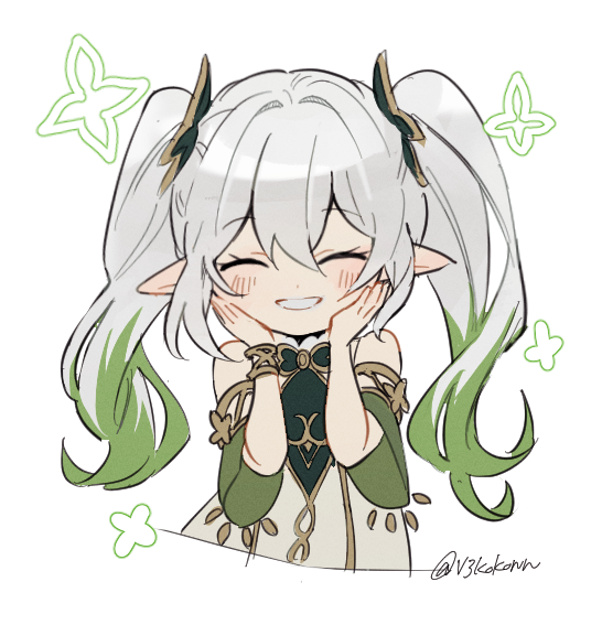 1girl, ^_^, alternate_hairstyle, blush, child, closed_eyes, detached_sleeves, dress, genshin_impact, gold_trim, gradient_hair, green_hair, green_sleeves, hair_between_eyes, hair_ornament, hand_up, hands_on_own_face, kitsunebi_v3kokonn, long_hair, multicolored_hair, nahida_(genshin_impact), pointy_ears, simple_background, sleeveless, sleeveless_dress, smile, solo, twintails, twitter_username, white_background, white_dress, white_hair