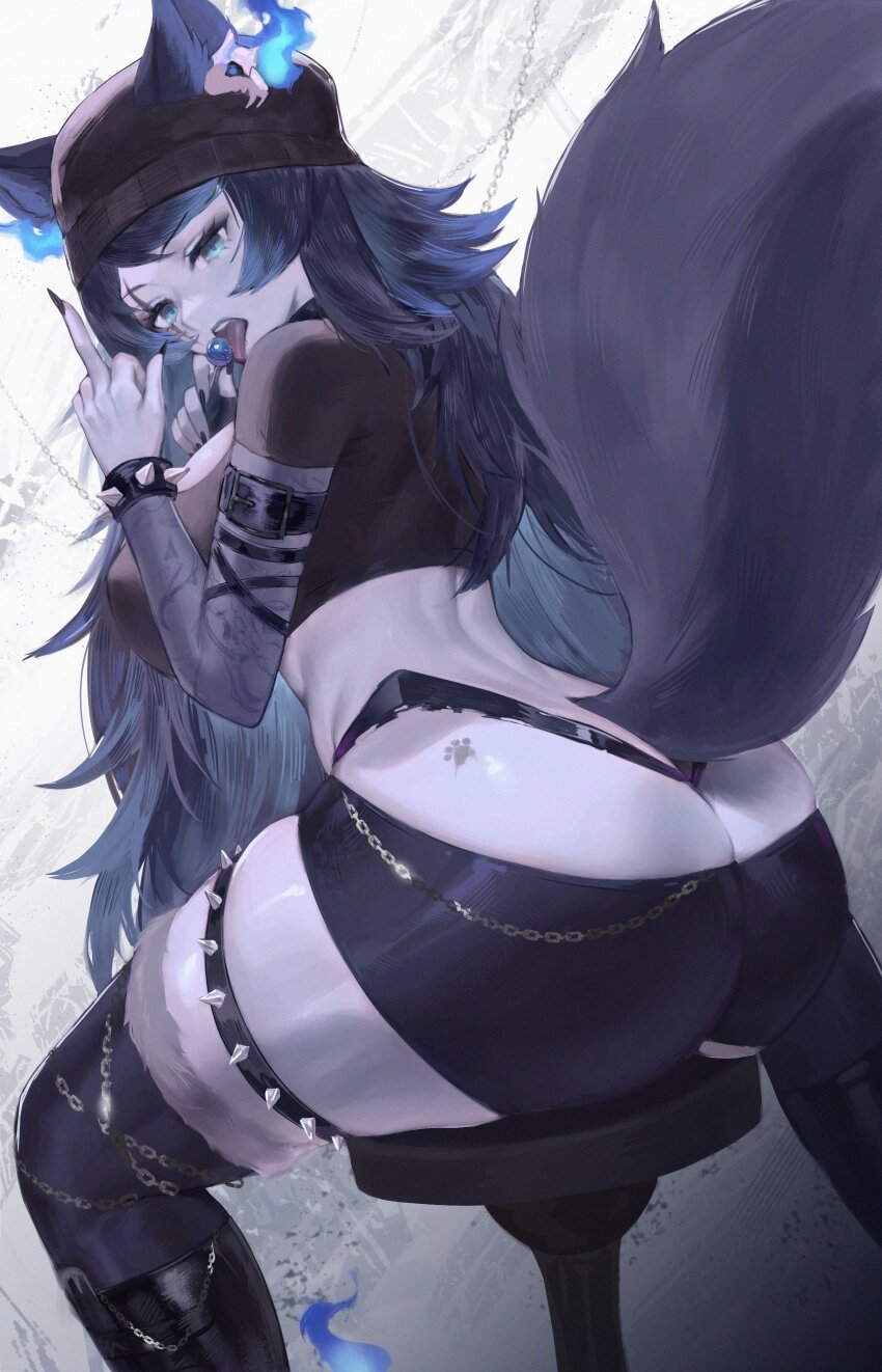1girl, absurdres, animal_ear_fluff, animal_ears, ass, ass_tattoo, black_boots, black_hat, blue_eyes, blue_flames, blue_hair, blue_skin, boots, bracelet, breasts, butt_crack, candy, cerberus, chair, colored_skin, fire, food, hat, hellhound, highres, indie_virtual_youtuber, jewelry, large_breasts, lollipop, paw_print, paw_tattoo, scar, scar_across_eye, scar_on_face, solo, spikes, spite_(vtuber), spite_(vtuber)_(3rd_costume), tail, tattoo, virtual_youtuber, wolf_ears, wolf_girl, wolf_tail