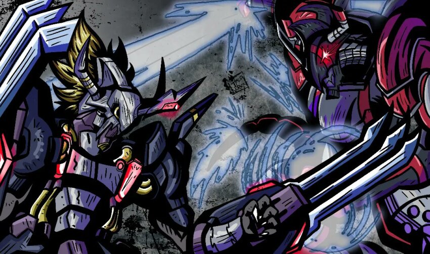 blackwargreymon, blackwargreymon_x-antibody, blonde_hair, claws, digimon, digimon_(creature), fire, horns