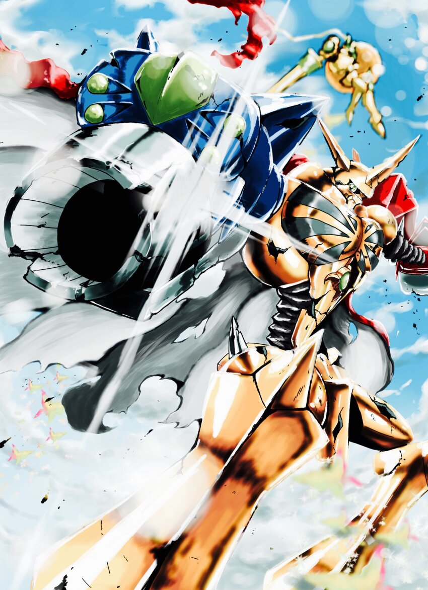 cannon, cape, digimon, digimon_(creature), dukemon, dukemon_(battle_park), fusion, highres