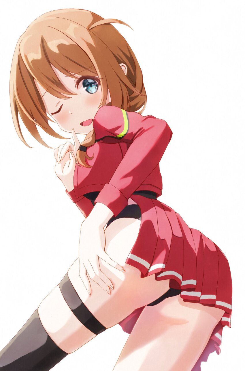 1girl, 4_luxury_(idolmaster), absurdres, aqua_eyes, baba_konomi, black_panties, black_thighhighs, blush