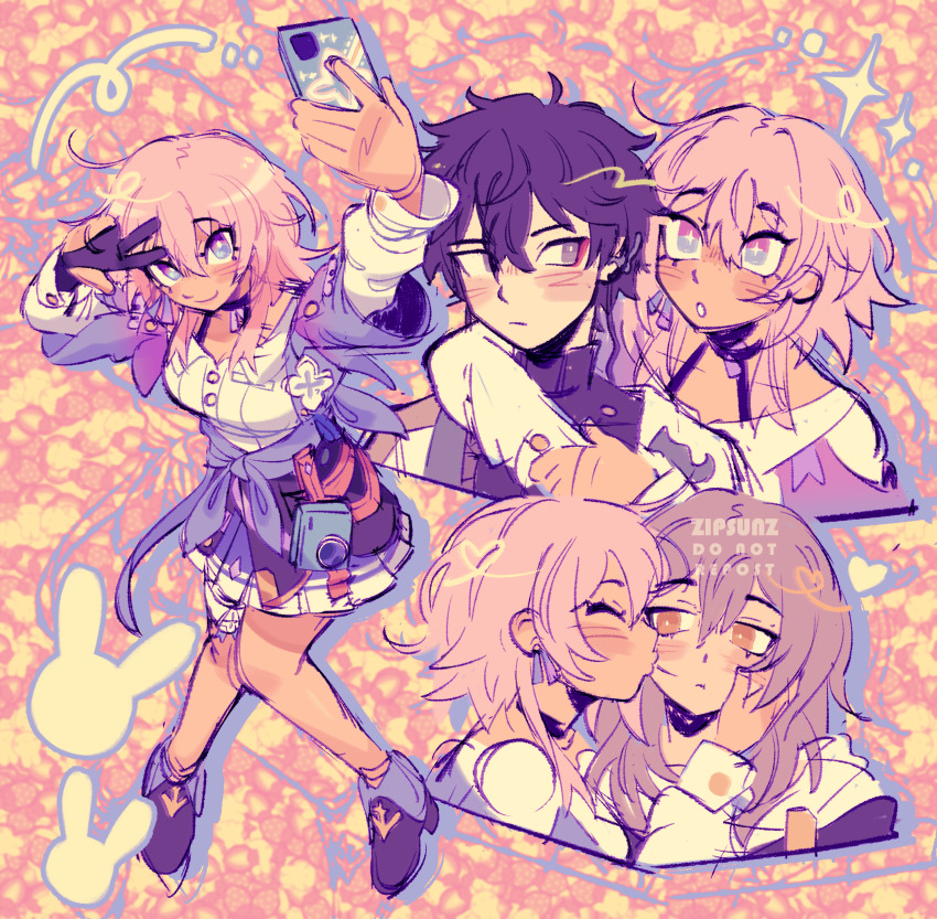 1boy, 2girls, absurdres, artist_name, black_hair, blush, dan_heng_(honkai:_star_rail), eyeliner