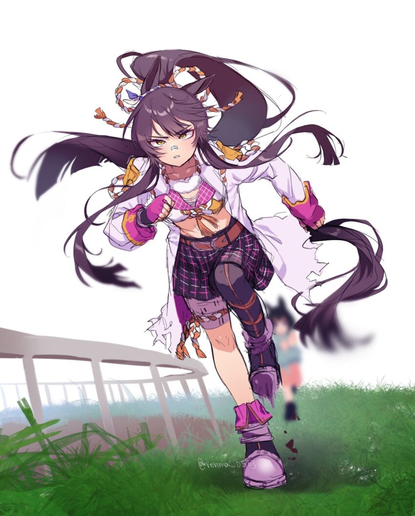 2girls, animal_ears, asymmetrical_footwear, bandaged_leg, bandages, bandaid, bandaid_on_face, bandaid_on_nose, black_hair, blurry, blurry_background, boots, breasts, chest_sarashi, clenched_hands, coat, crop_top, gloves, grass, highres, horse_ears, horse_girl, horse_tail, long_hair, long_sleeves, midriff, multiple_girls, narita_brian_(umamusume), open_clothes, open_coat, outdoors, pink_gloves, plaid_clothes, plaid_skirt, ponytail, renma_(renma_0503), rope, sarashi, shimenawa, shirt, skirt, small_breasts, solo_focus, tail, thigh_boots, twitter_username, umamusume, uneven_footwear, v-shaped_eyebrows, white_coat, white_shirt, yellow_eyes