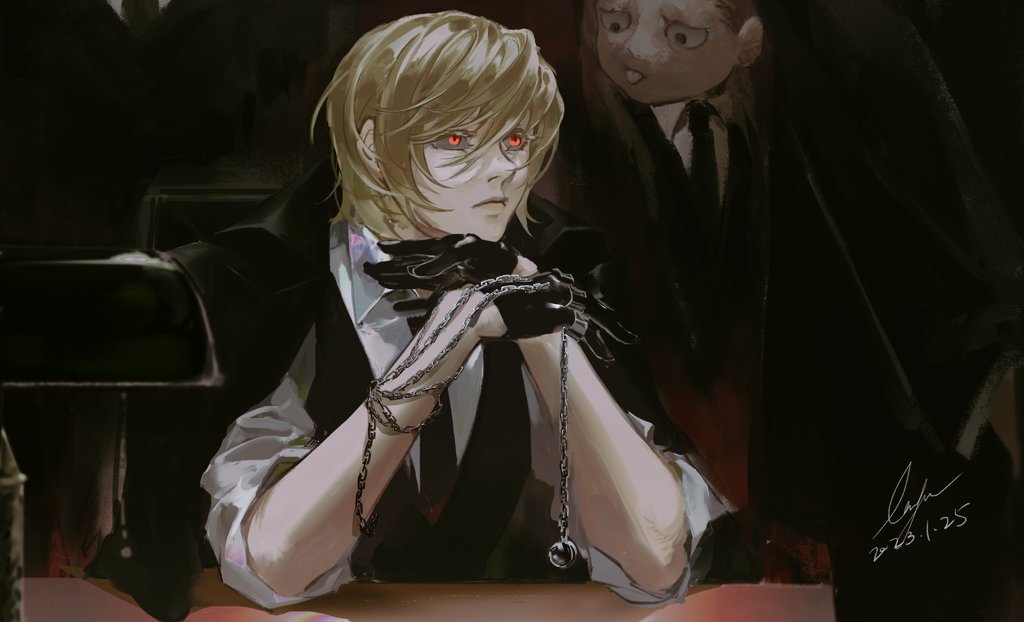 1boy, 1girl, black_coat, black_gloves, black_necktie, blonde_hair, chain, closed_mouth