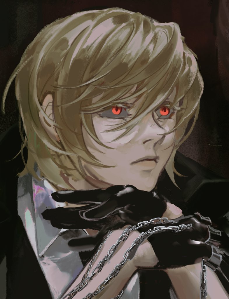 1boy, black_coat, black_gloves, black_necktie, blonde_hair, chain, closed_mouth, coat, coat_on_shoulders, collared_shirt, dark_background, elbow_rest, formal_clothes, gloves, hair_between_eyes, head_rest, hunter_x_hunter, kurapika, looking_up, louyan_0405, male_focus, necktie, portrait, red_eyes, shirt, short_hair, simple_background, solo, suit, swept_bangs, white_shirt