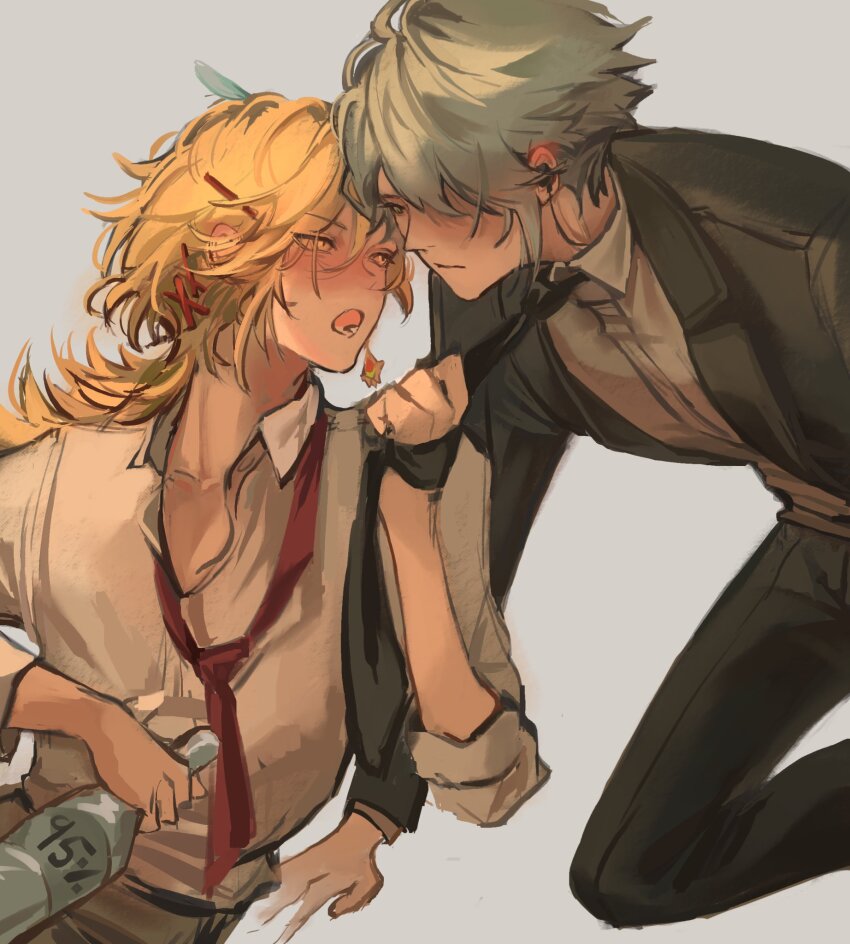 2boys, alhaitham_(genshin_impact), black_jacket, black_necktie, black_pants, blonde_hair, blue_feathers, blush, brown_pants, clothes_grab, collared_shirt, earrings, feather_hair_ornament, feathers, genshin_impact, grey_eyes, grey_hair, hair_ornament, highres, jacket, jewelry, kaveh_(genshin_impact), lightspeedran, long_sleeves, male_focus, multiple_boys, necktie, necktie_grab, neckwear_grab, pants, shirt, white_shirt, yaoi, yellow_eyes
