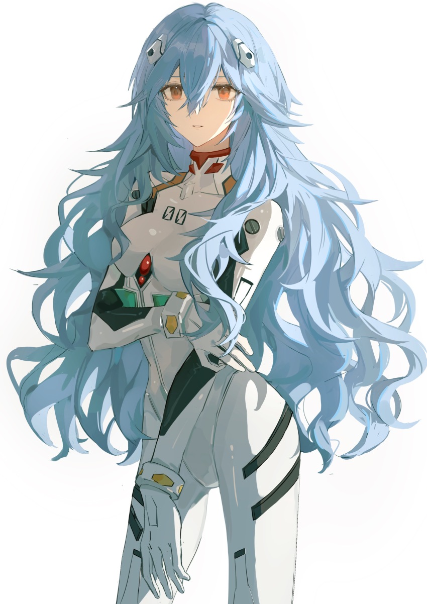 1girl, absurdres, arm_across_chest, ayanami_rei, blue_hair, bodysuit, breasts, covered_collarbone, cowboy_shot, danshui, expressionless, hair_between_eyes, hand_on_own_arm, highres, interface_headset_(evangelion), long_hair, looking_at_viewer, mecha_pilot_suit, medium_breasts, neon_genesis_evangelion, parted_lips, plugsuit_(evangelion), red_eyes, simple_background, solo, standing, very_long_hair, wavy_hair, white_background, white_bodysuit