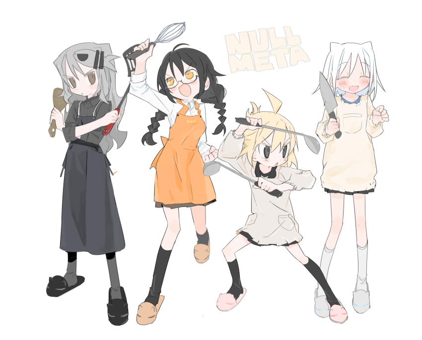 4girls, agoshi_sakina, ahoge, alternate_costume, animal_slippers, apron, arm_up, black_apron