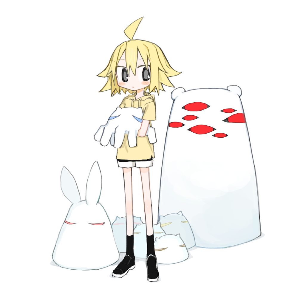 1girl, ahoge, black_eyes, black_shorts, black_socks, blonde_hair, blush, commentary_request