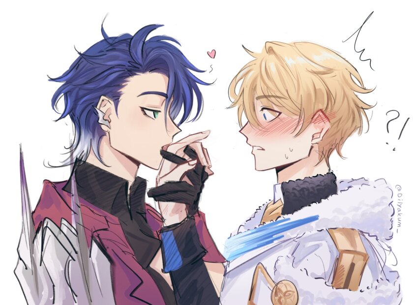 !?, 2boys, armor, black_gloves, blonde_hair, blue_eyes, blue_hair, blush