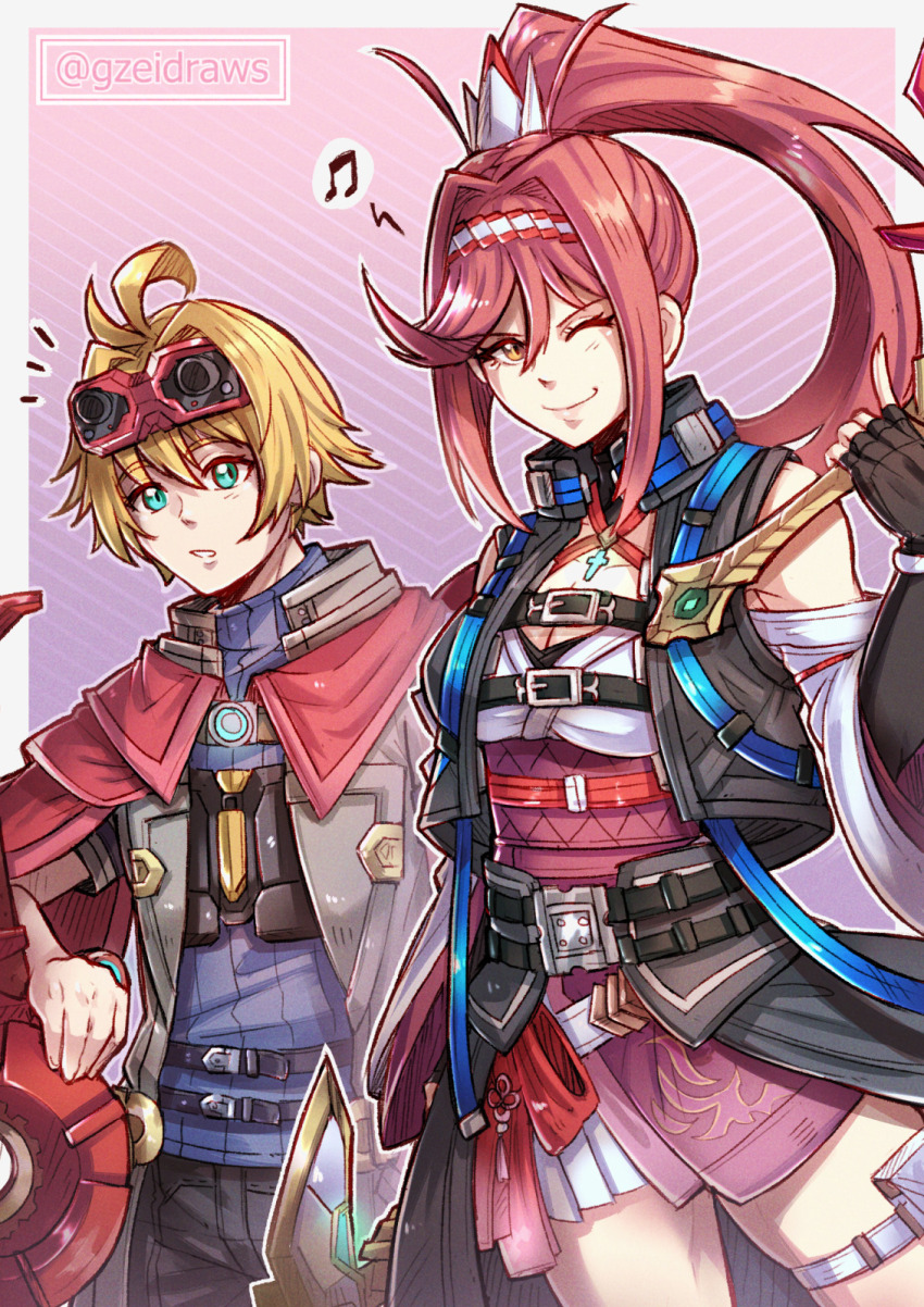 1girl, aegis_sword_(xenoblade), ahoge, bare_shoulders, blonde_hair, breasts, chest_jewel, cleavage