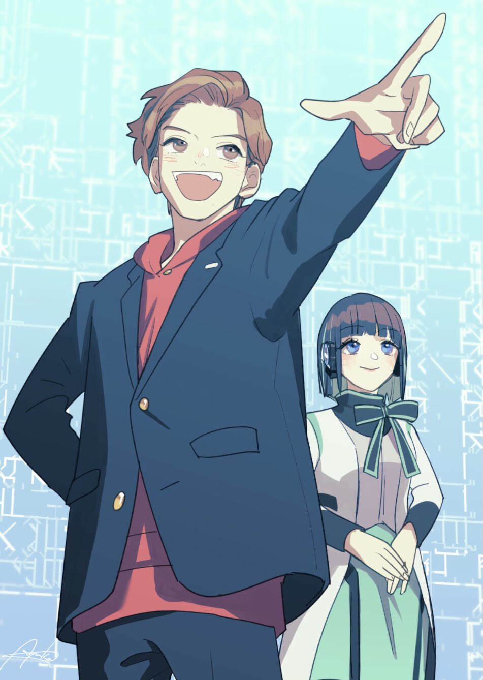 1boy, 1girl, android, black_hair, blue_eyes, bob_cut, bow, bowtie, brown_hair, commentary_request, green_eyes, headphones, hiden_aruto, highres, hood, hooded_jacket, humagear_headphones, is_(kamen_rider_01), jacket, kamen_rider, kamen_rider_01_(series), long_sleeves, pointing, pointing_up, pointy_nose, short_hair, smile, tkst_ayaka