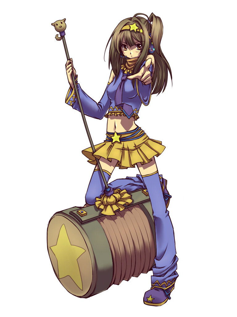 1girl, brown_eyes, brown_hair, crop_top, female_focus, hairband, hammer, hanadi