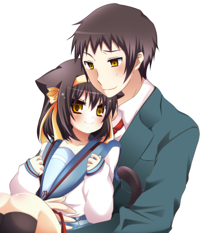 1boy, 1girl, animal_ears, bad_id, bad_pixiv_id, black_hair, cat_ears, cat_tail, couple, hair_ribbon, hairband, hetero, kemonomimi_mode, kyon, pokurouta, ribbon, school_uniform, serafuku, suzumiya_haruhi, suzumiya_haruhi_no_yuuutsu, tail, yellow_eyes