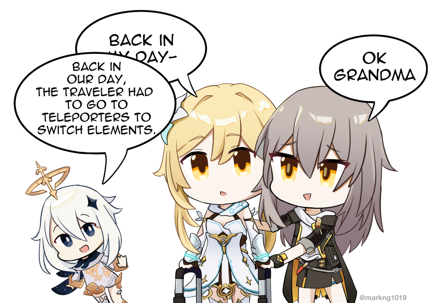 3girls, bare_legs, black_jacket, black_skirt, blonde_hair, breasts, chibi, commentary, company_connection, dress, english_commentary, english_text, floating, flower, furrowed_brow, genshin_impact, grey_hair, hair_between_eyes, hair_flower, hair_ornament, halo, highres, honkai:_star_rail, honkai_(series), jacket, lumine_(genshin_impact), mark1019, medium_hair, meme, mihoyo, multiple_girls, no_nose, open_clothes, open_jacket, open_mouth, paimon_(genshin_impact), romper, shirt, simple_background, skirt, small_breasts, speech_bubble, standing, star_(symbol), star_hair_ornament, stelle_(honkai:_star_rail), sure_grandma_let's_get_you_to_bed_(meme), thighhighs, trailblazer_(honkai:_star_rail), twitter_username, white_background, white_dress, white_hair, white_romper, white_shirt, white_thighhighs