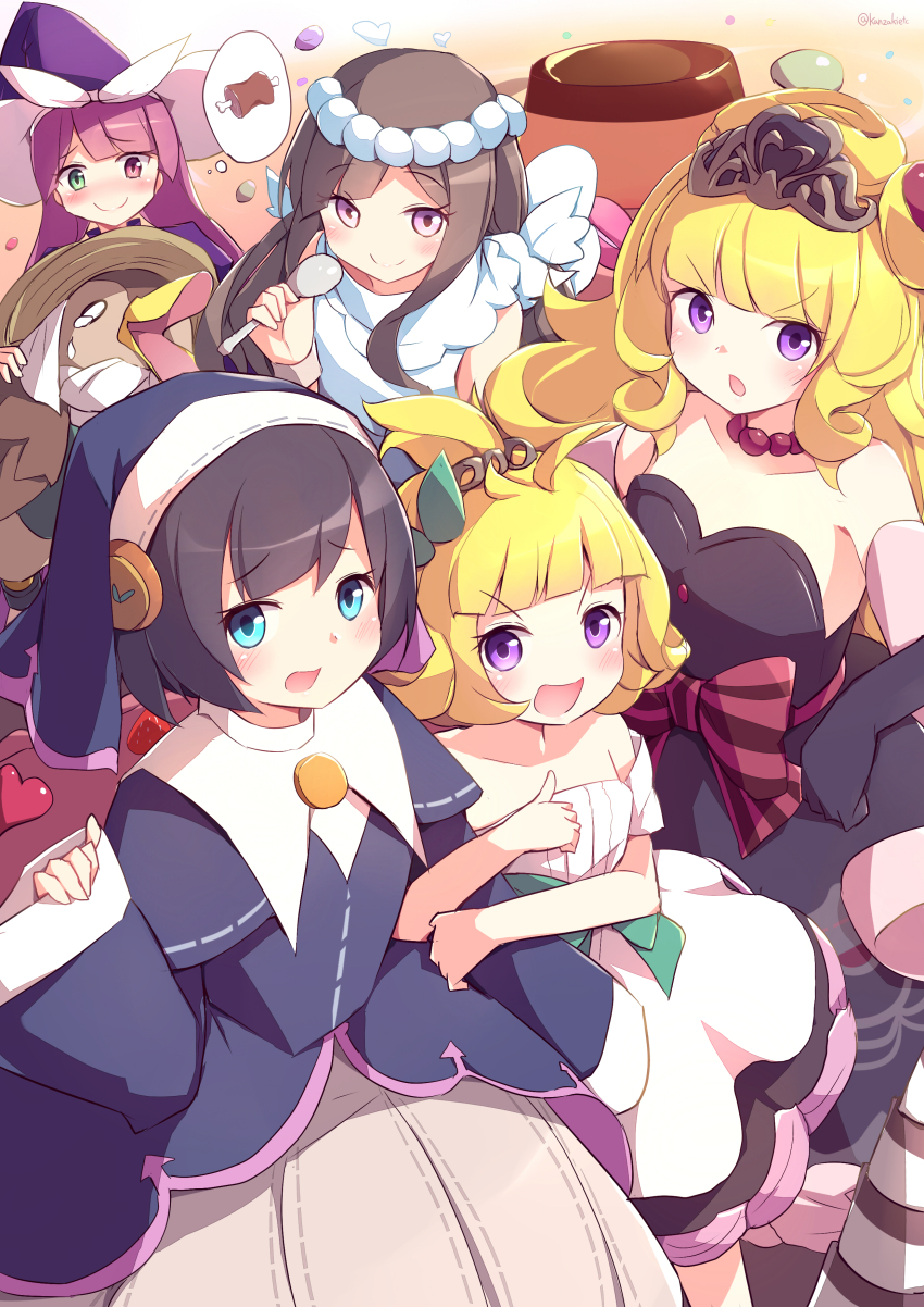 >:), 5girls, :d, :o, absurdres, bird, black_gloves, blue_eyes, blunt_bangs, blush, boned_meat, cake, dress, duck, duel_monster, food, frilled_dress, frills, gloves, green_eyes, heterochromia, highres, holding, holding_spoon, kanzakietc, long_dress, long_hair, looking_at_viewer, madolche_anjelly, madolche_fresh_sistart, madolche_magileine, madolche_petingcessoeur, madolche_puddingcess, madolche_puddingcess_chocolat-a-la-mode, meat, mini_wings, multiple_girls, nose_blush, nun, open_mouth, pink_eyes, pudding, purple_eyes, short_hair, siblings, sisters, smile, speech_bubble, spoon, strapless, strapless_dress, thought_bubble, tiara, v-shaped_eyebrows, vernusylph_of_the_misting_seedlings, wings, yu-gi-oh!