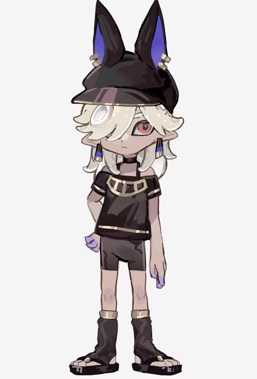 1boy, animal_hat, black_footwear, black_hat, black_shorts, closed_mouth, crossover, cyno_(genshin_impact)