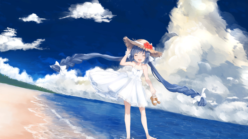 1girl, absurdres, alternate_costume, bare_shoulders, barefoot, beach, blue_hair, blue_sky