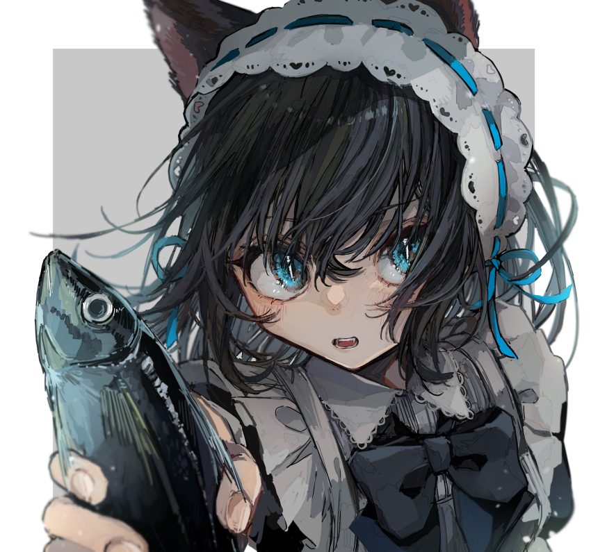 1girl, animal, animal_ears, arm_behind_back, black_bow, black_dress, black_hair, blue_eyes