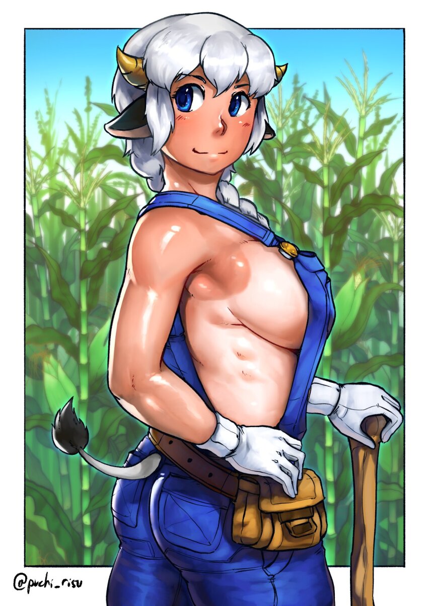 1girl, animal_ears, ass, blue_eyes, blue_overalls, blush, border, braid, braided_ponytail, breasts, closed_mouth, commentary, corn_field, cow_ears, cow_girl, cow_horns, cowboy_shot, english_commentary, from_side, gloves, highres, horns, large_breasts, long_hair, looking_to_the_side, naked_overalls, nandi_(puchirisu), original, outside_border, overalls, puchi_risu, puchirisu, sideboob, smile, solo, tan, tanline, twitter_username, white_border, white_gloves, white_hair, yellow_horns