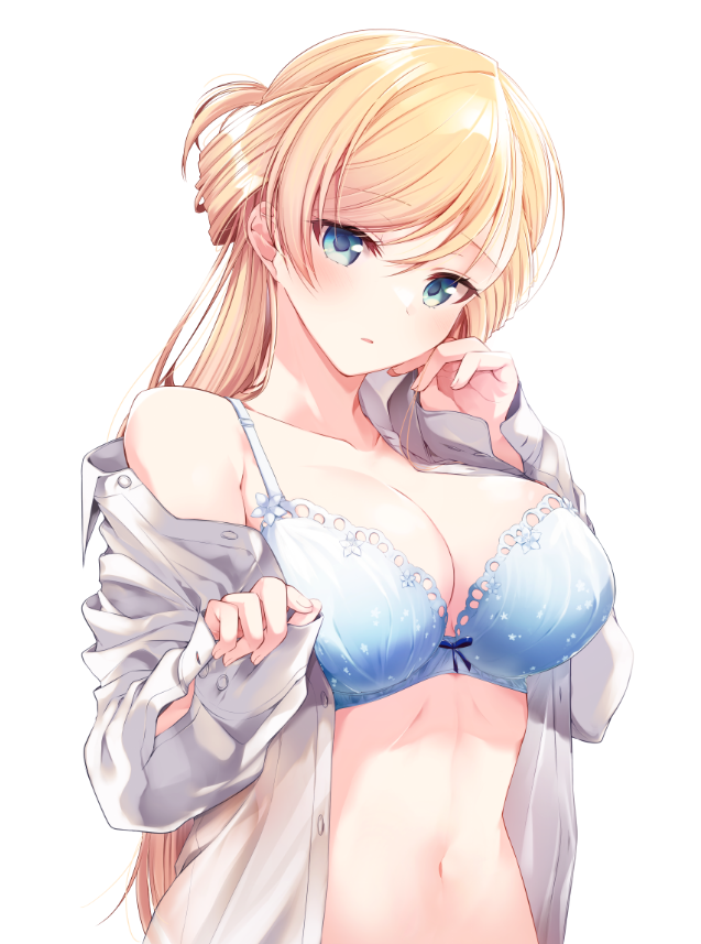1girl, araragi_ayune, blonde_hair, bra, navel, open_clothes, rinna_milford, shirt