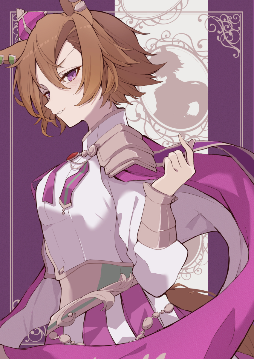 1girl, animal_ears, cape, ear_ornament, from_side, hair_between_eyes, highres, horse_ears