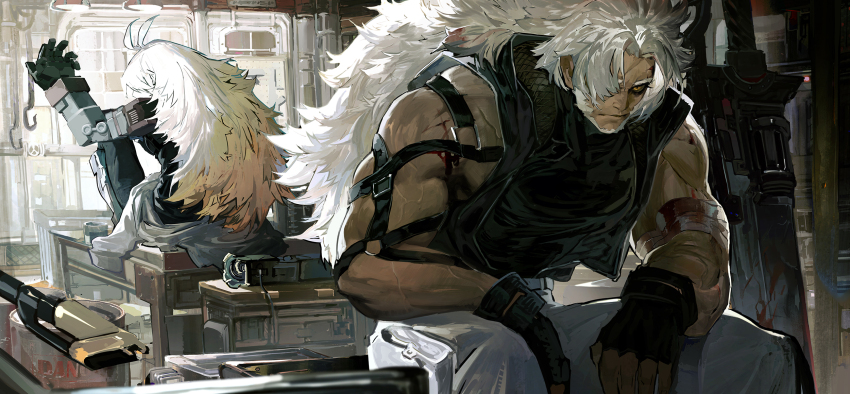 1boy, 1girl, alchemy_stars, back, bandages, bara, black_gloves, black_sclera, blood, chinese_commentary, colored_sclera, gloves, gram_(alchemy_stars), highres, injury, long_hair, looking_ahead, looking_back, mechanical_arms, nano_(c175311), official_art, pants, revy_(alchemy_stars), single_mechanical_arm, sword, veins, weapon, white_hair, white_pants