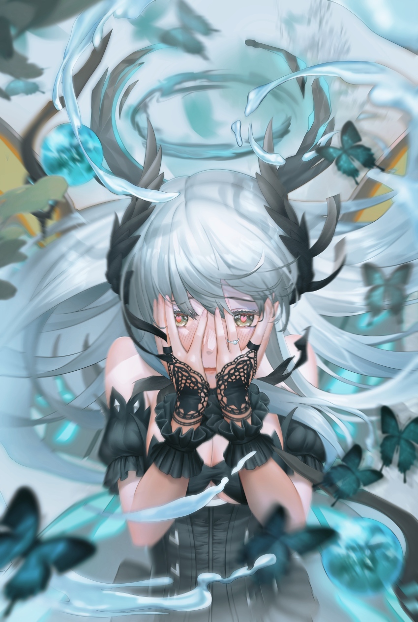 1girl, absurdres, black_dress, blue_butterfly, blush, breasts, bug, butterfly