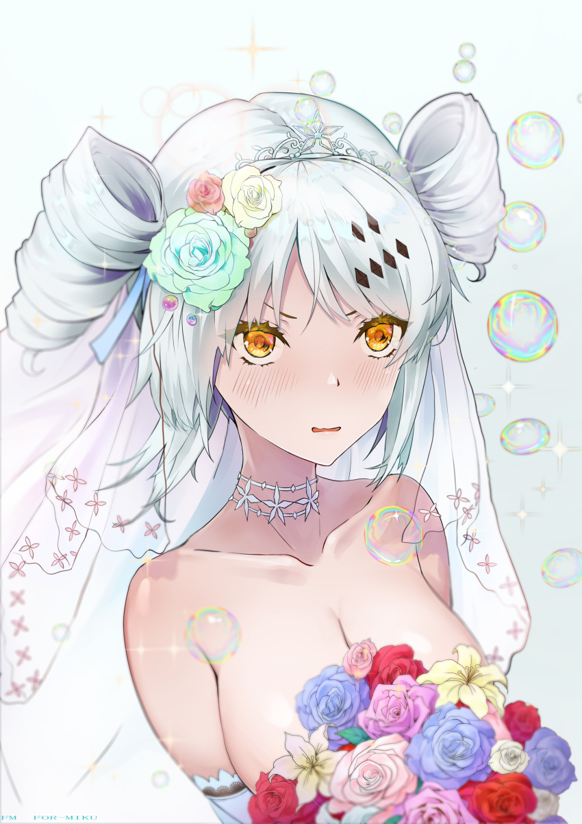 1girl, absurdres, blue_flower, blue_rose, blush, bouquet, breasts, bridal_veil