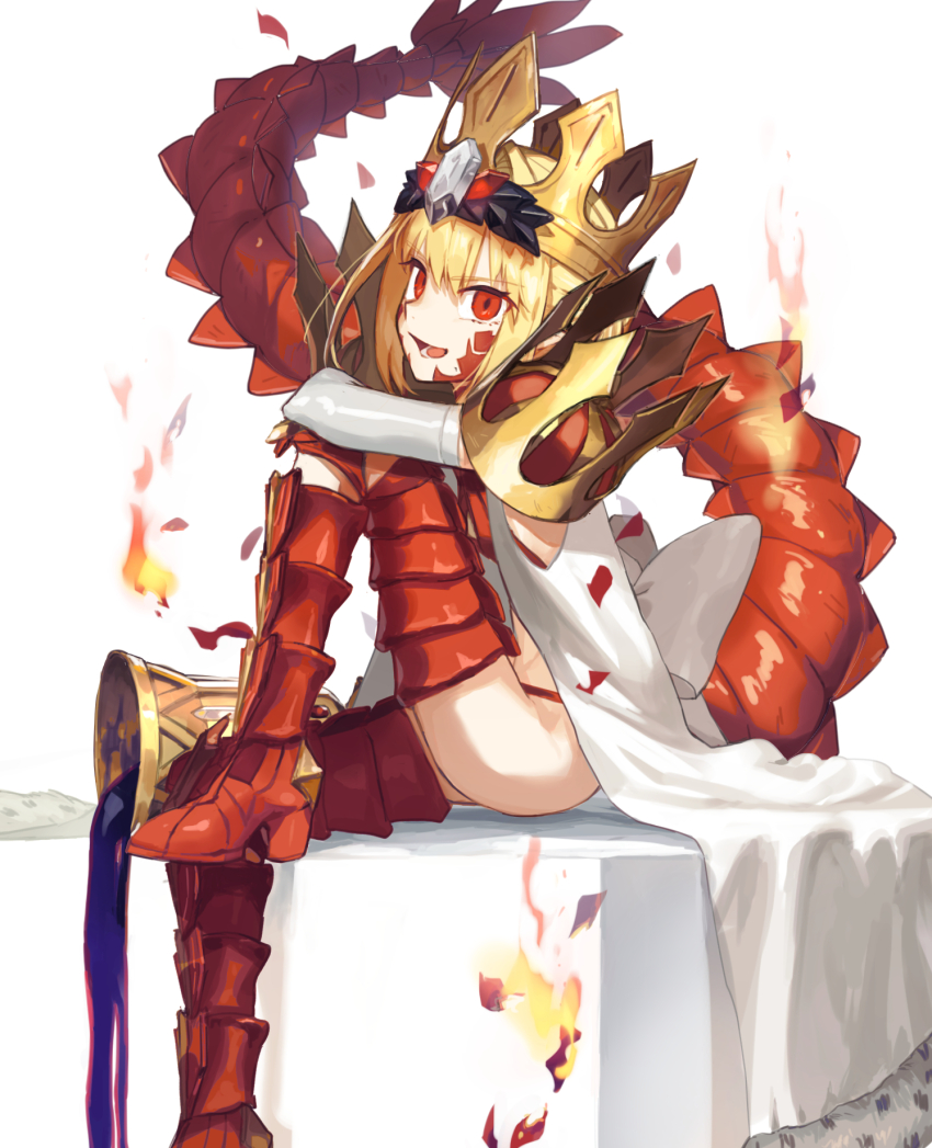 1girl, blonde_hair, boots, crown, dragon_tail, elbow_gloves, fate/grand_order, fate_(series), fire, gloves, gold_crown, highres, leg_up, nero_claudius_(fate), queen_draco_(fate), queen_draco_(second_ascension)_(fate), red_eyes, red_scales, sitting, solo, su_ke234, tail, thigh_boots