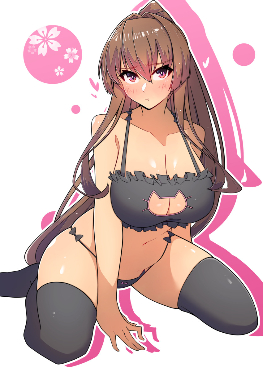 1girl, black_bra, black_panties, black_thighhighs, bra, breasts, brown_hair, cat_cutout, cat_ear_panties, cat_lingerie, cleavage_cutout, clothing_cutout, collarbone, frilled_bra, frills, hair_between_eyes, hair_intakes, highres, huge_breasts, kantai_collection, long_hair, looking_at_viewer, osora_(judithandlilith), panties, ponytail, purple_eyes, sidelocks, solo, thighhighs, underwear, underwear_only, very_long_hair, yamato_(kancolle)
