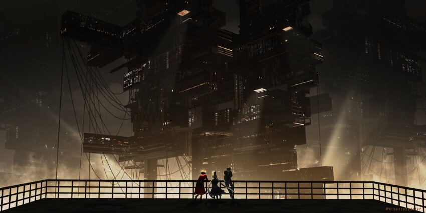 1boy, 1girl, 1other, against_railing, balcony, black_jacket, black_pants, cable, charon_(project_moon), city, coat, dante_(limbus_company), facing_away, fire, from_behind, grey_hair, highres, jacket, k1307752891667, limbus_company, long_hair, low_twintails, pants, project_moon, railing, red_coat, scenery, smoke, twintails, vergilius_(project_moon), very_long_hair, wide_shot