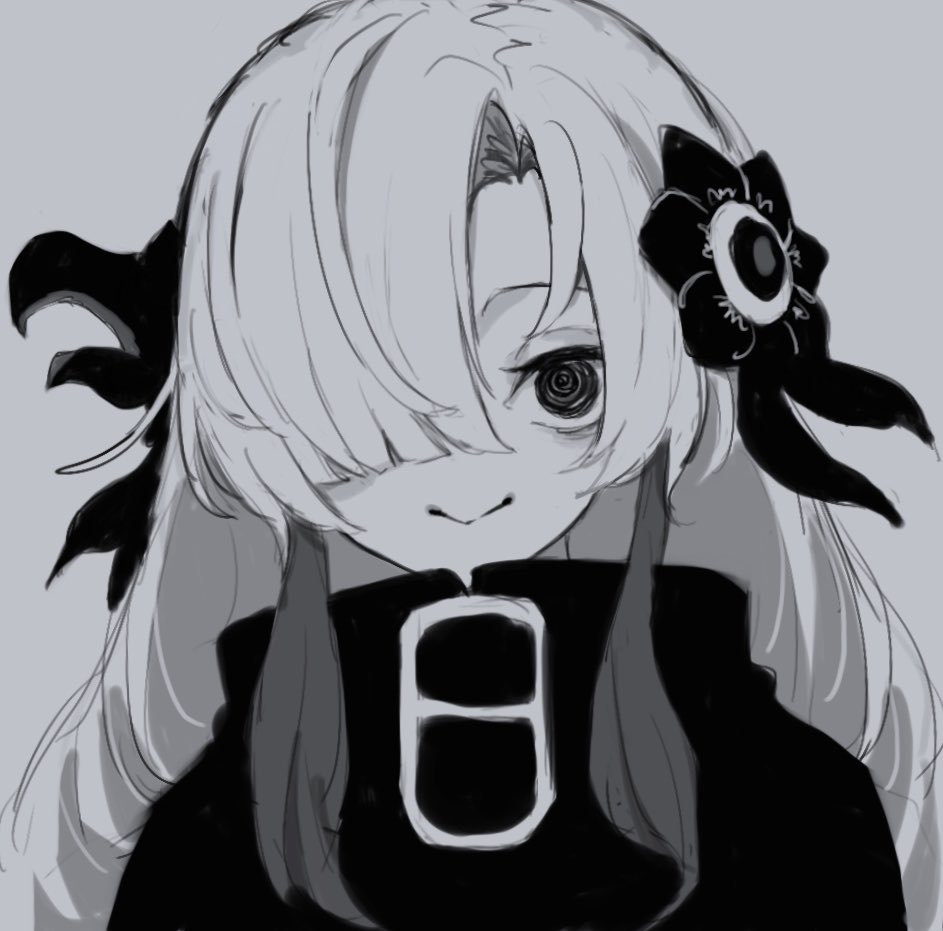 1girl, @_@, coat, flower, greyscale, hair_flower, hair_ornament, hair_over_one_eye