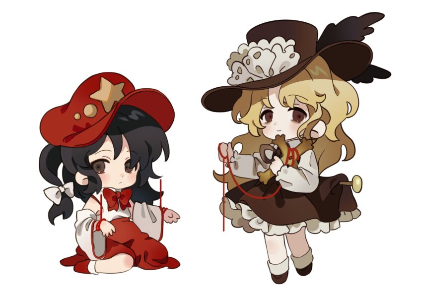 2girls, bare_shoulders, black_eyes, black_hair, blonde_hair, bow, bowtie, brown_dress, brown_eyes, brown_footwear, brown_headwear, newsboy_cap, chibi, cross, detached_sleeves, dolls_in_pseudo_paradise, dress, flat_cap, frilled_dress, frilled_hat, frills, full_body, hat, hat_feather, hat_ornament, highres, holding, holding_cross, jacket_girl_(dipp), kozumi_(tokuni_naitteba), label_girl_(dipp), long_hair, long_sleeves, medium_hair, multiple_girls, nontraditional_miko, parted_bangs, pinafore_dress, red_bow, red_bowtie, red_footwear, red_headwear, red_rope, red_skirt, rope, shirt, side_ponytail, simple_background, sitting, skirt, sleeveless, sleeveless_dress, socks, stake, standing, standing_on_one_leg, star_(symbol), star_hat_ornament, touhou, wariza, wavy_hair, white_background, white_shirt, white_sleeves, white_socks, wide_sleeves