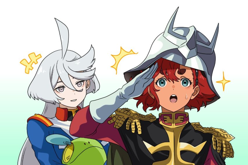 2girls, ahoge, amuro_ray, amuro_ray_(cosplay), char_aznable, char_aznable_(cosplay), cosplay, gloves, gundam, gundam_suisei_no_majo, haro, helmet, military, military_uniform, miorine_rembran, mobile_suit_gundam, multiple_girls, red_hair, robot, salute, suletta_mercury, takanabeasami, white_gloves, white_hair