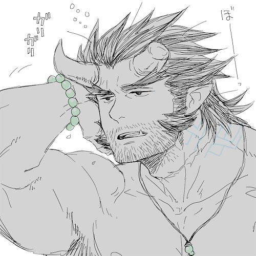 1boy, alternate_facial_hair, armpit_hair, bara, broken_horn, demon_boy, demon_horns, facial_hair