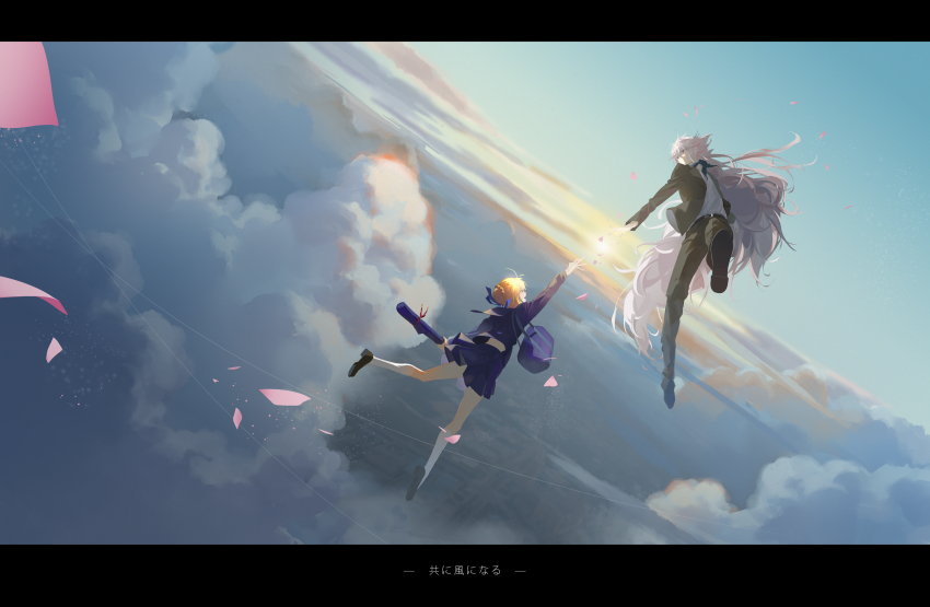 1boy, 1girl, absurdres, alternate_costume, artoria_pendragon_(fate), bag, black_pants, black_suit