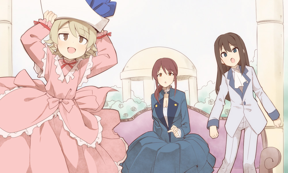 3girls, :d, arms_up, ascot, blue_dress, blush, breasts, brown_eyes