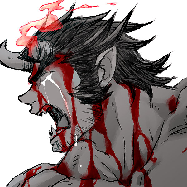 1boy, bara, blood, blood_from_forehead, blood_on_face, broken_horn, crying, demon_boy, demon_horns, facial_hair, facing_away, fang, horns, large_pectorals, long_sideburns, male_focus, mature_male, mugi_(pixiv_187163), muscular, muscular_male, no_pupils, oni, open_mouth, pectorals, portrait, red_theme, short_hair, shouting, sideburns, solo, spot_color, stubble, takemaru_(housamo), thick_eyebrows, tokyo_houkago_summoners