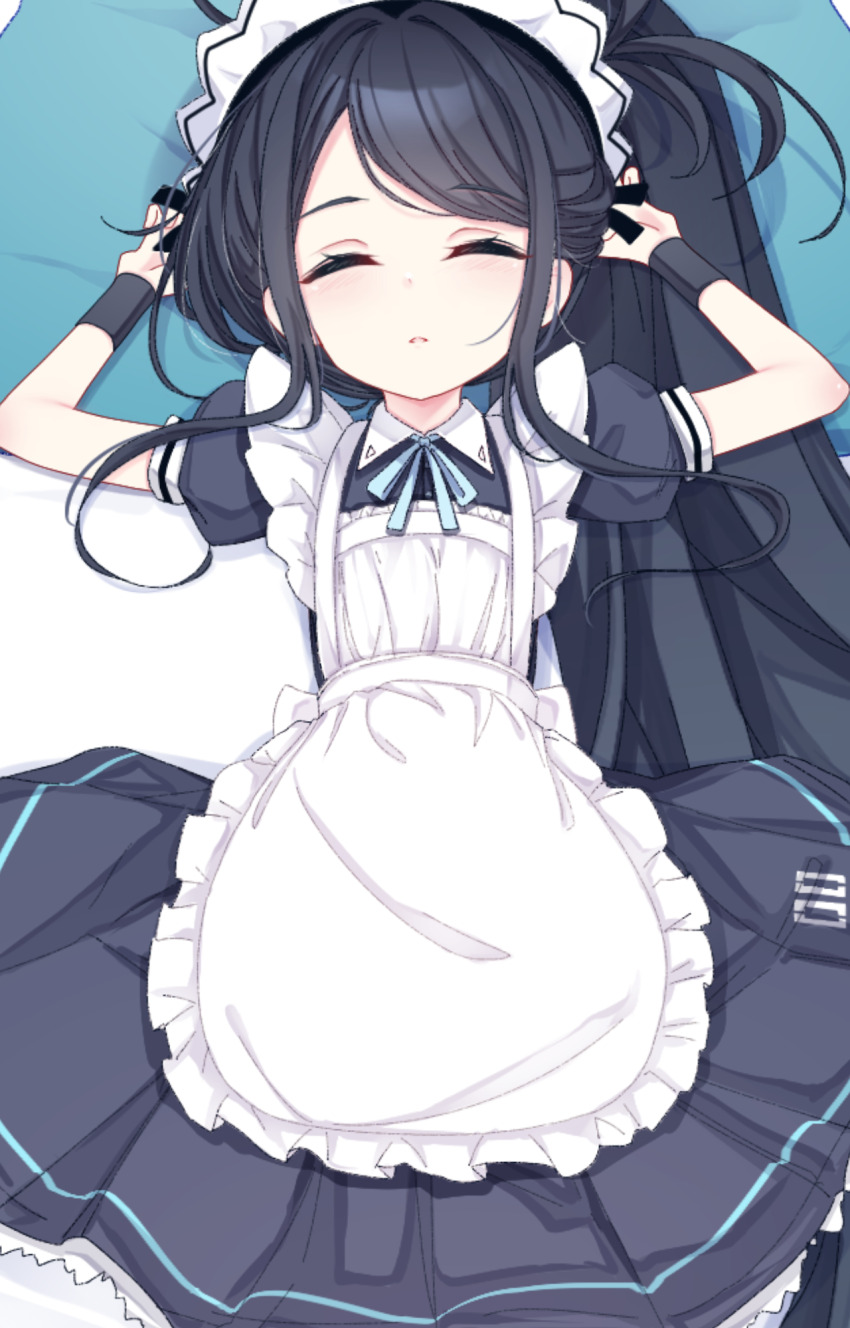 1girl, apron, aris_(blue_archive), aris_(maid)_(blue_archive), black_dress, black_hair, blue_archive, blue_ribbon