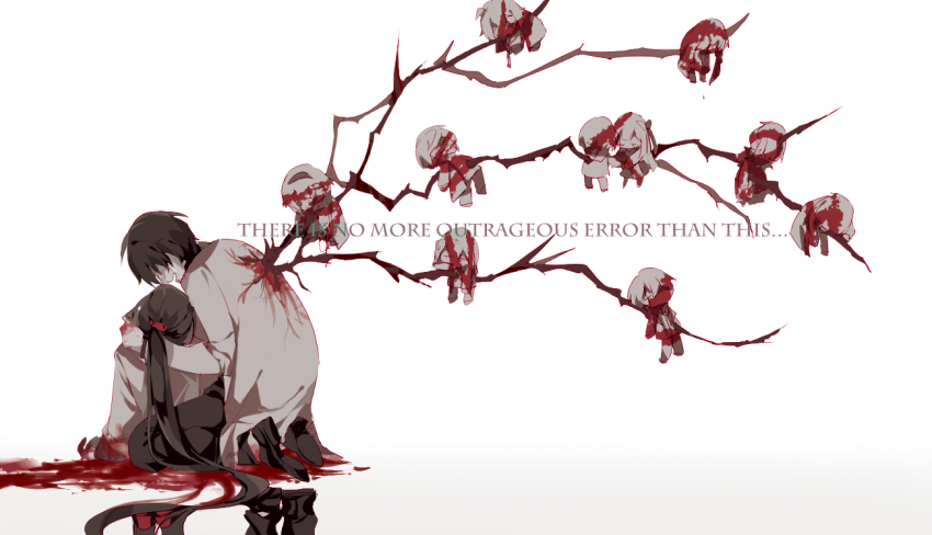 1boy, 1girl, ayin_(project_moon), black_hair, blood, blood_on_hands, brown_hair, carmen_(project_moon)