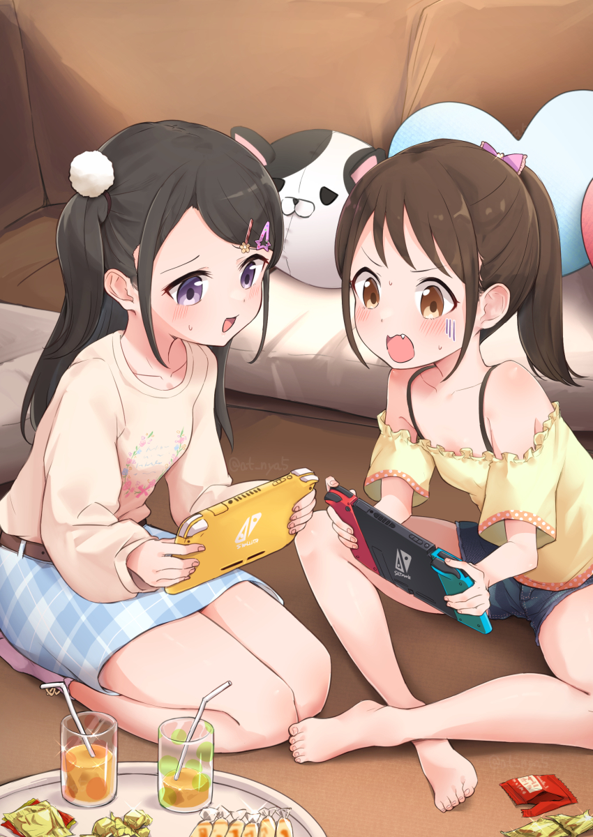 2girls, absurdres, barefoot, belt, black_hair, blue_skirt, blush, brown_eyes