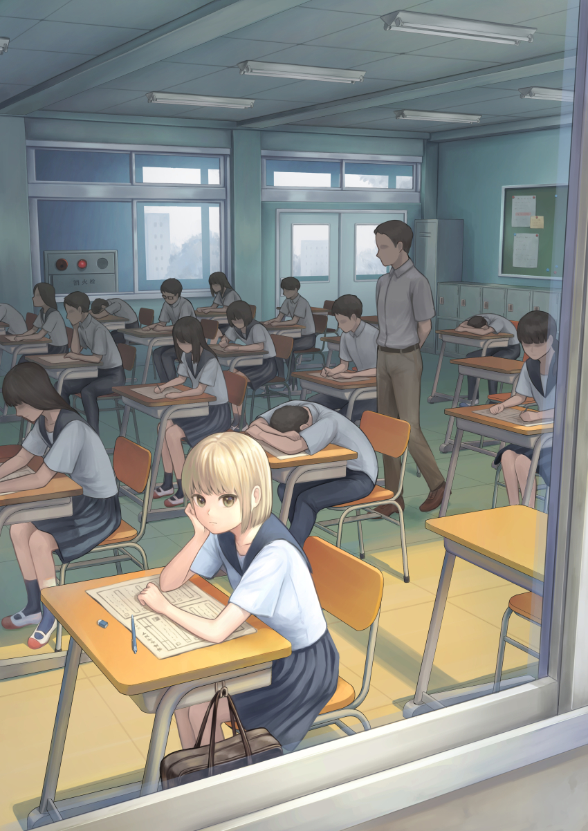 6+boys, 6+girls, absurdres, arms_behind_back, ashitana, bag, black_eyes, black_pants, black_sailor_collar, black_skirt, black_socks, blonde_hair, bob_cut, brown_footwear, brown_pants, cabinet, ceiling_light, chair, chalkboard, classroom, collared_shirt, commentary_request, desk, door, eraser, faceless, faceless_female, faceless_male, highres, holding, holding_pen, indoors, long_hair, looking_to_the_side, multiple_boys, multiple_girls, on_chair, original, pants, paper, pen, sailor_collar, school, school_bag, school_chair, school_desk, shadow, shirt, shoes, short_hair, short_sleeves, skirt, sleeping, sleeping_on_desk, slice_of_life, socks, solo_focus, summer_uniform, teacher, teacher_and_student, uwabaki, walking, white_footwear, white_shirt, window, writing