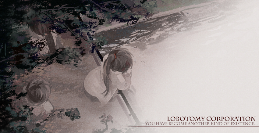 1boy, 1girl, ayin_(project_moon), black_hair, brown_hair, carmen_(project_moon), chinese_commentary, commentary_request