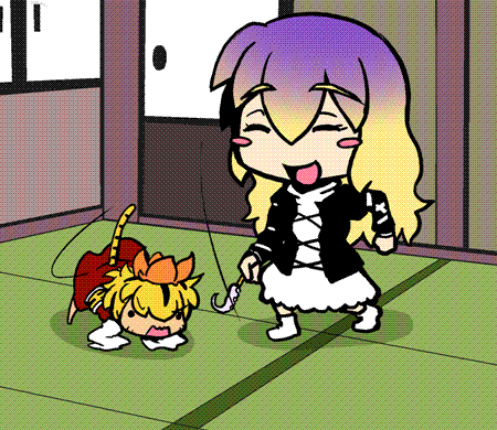 2girls, animal_ears, animated, animated_gif, blonde_hair, chibi, female_focus, gradient_hair, hair_ornament, hijiri_byakuren, kemonomimi_mode, long_hair, lowres, multicolored_hair, multiple_girls, sho_(pixiv), sho_(shirojiro_kuroguro), short_hair, tail, tiger_ears, tiger_tail, toramaru_shou, touhou