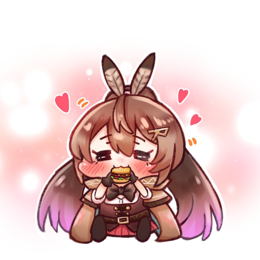 1girl, :3, ahoge, belt, black_bow, blush, bow, brown_capelet