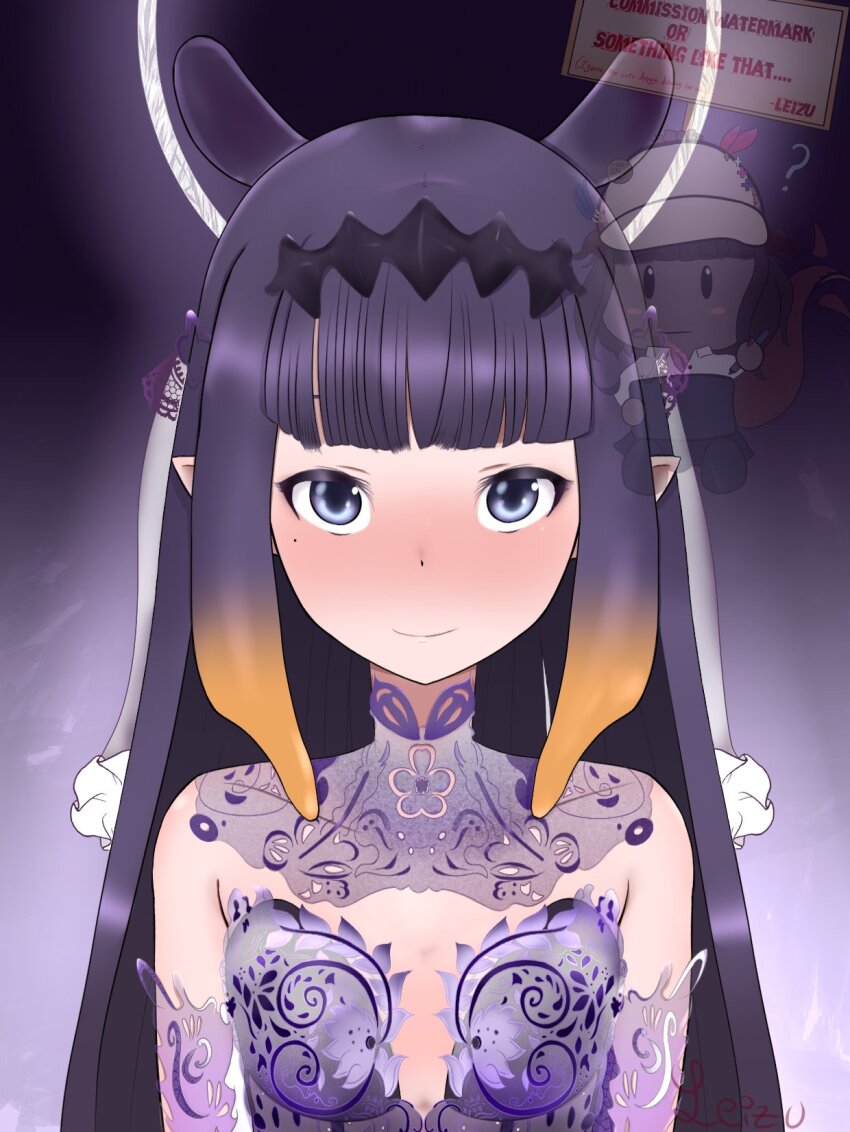 1girl, ?, alternate_costume, bare_shoulders, blue_eyes, blunt_bangs, blush, breasts, bridal_veil, commentary, commission, dress, english_commentary, floral_print, gradient_hair, halo, headpiece, highres, hololive, hololive_english, leizu02, long_hair, looking_at_viewer, mole, mole_under_eye, multicolored_hair, ninomae_ina'nis, orange_hair, pointy_ears, purple_dress, purple_hair, sidelocks, small_breasts, straight_hair, tentacle_hair, tentacles, veil, virtual_youtuber, watermark, wedding_dress